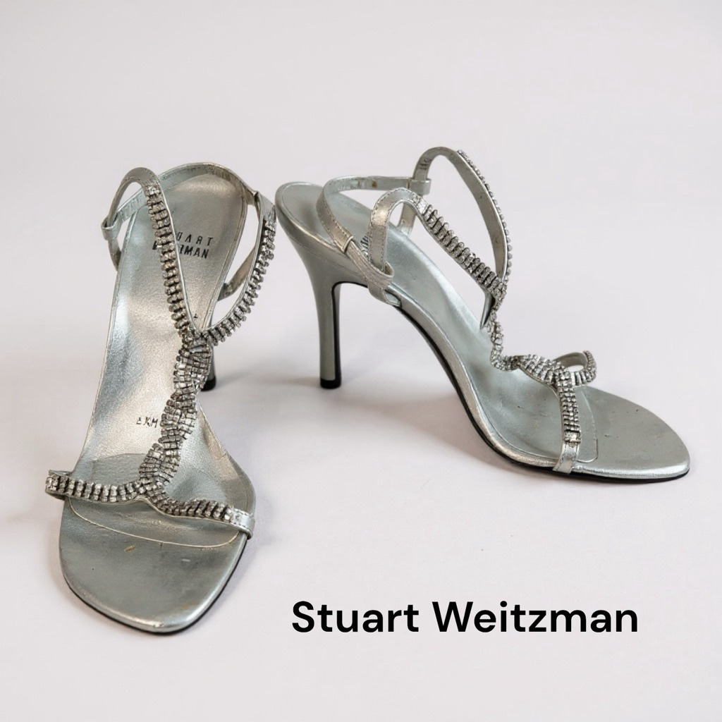Stuart Weitzman Silver Rhinestone Heeled Sandals Shoes